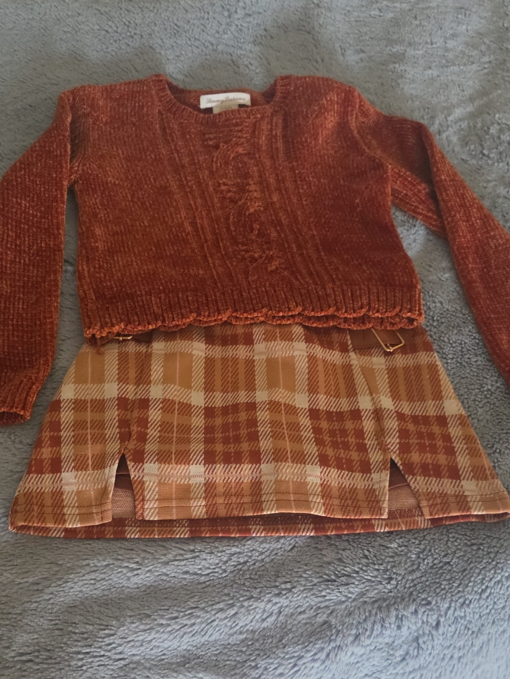Kids Tommy Bahama Rust Orange Velvet Crewneck with Plaid Skirt Set